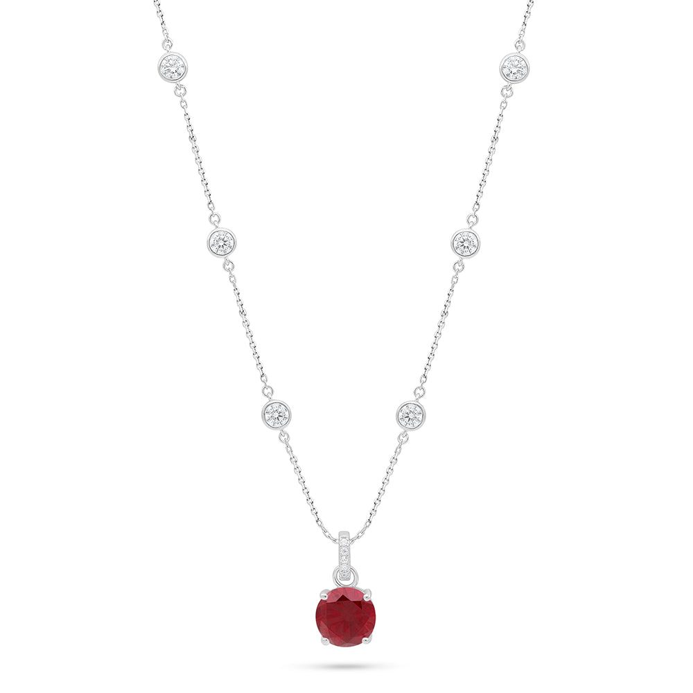 Sterling Silver 925 Necklace Rhodium Plated Embedded With Ruby Corundum And White Zircon