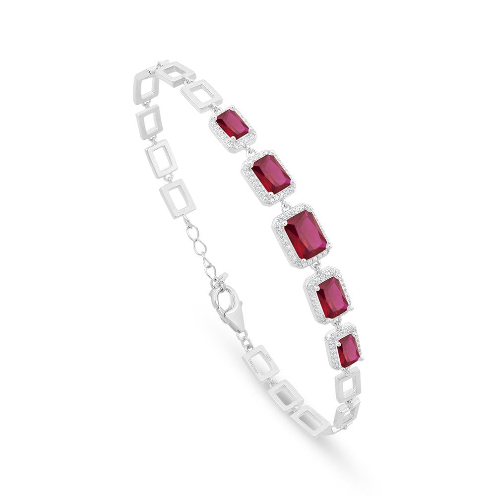 Sterling Silver 925 Bracelet Rhodium Plated Embedded With Ruby Corundum And White Zircon
