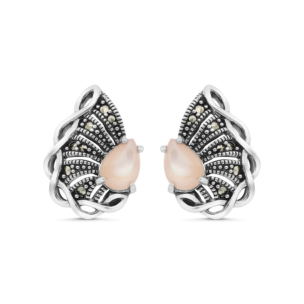 اقراط من الفضة الخالصة عيار 925 مرصعه احجار صدف وردي طبيعي و ماركسايت