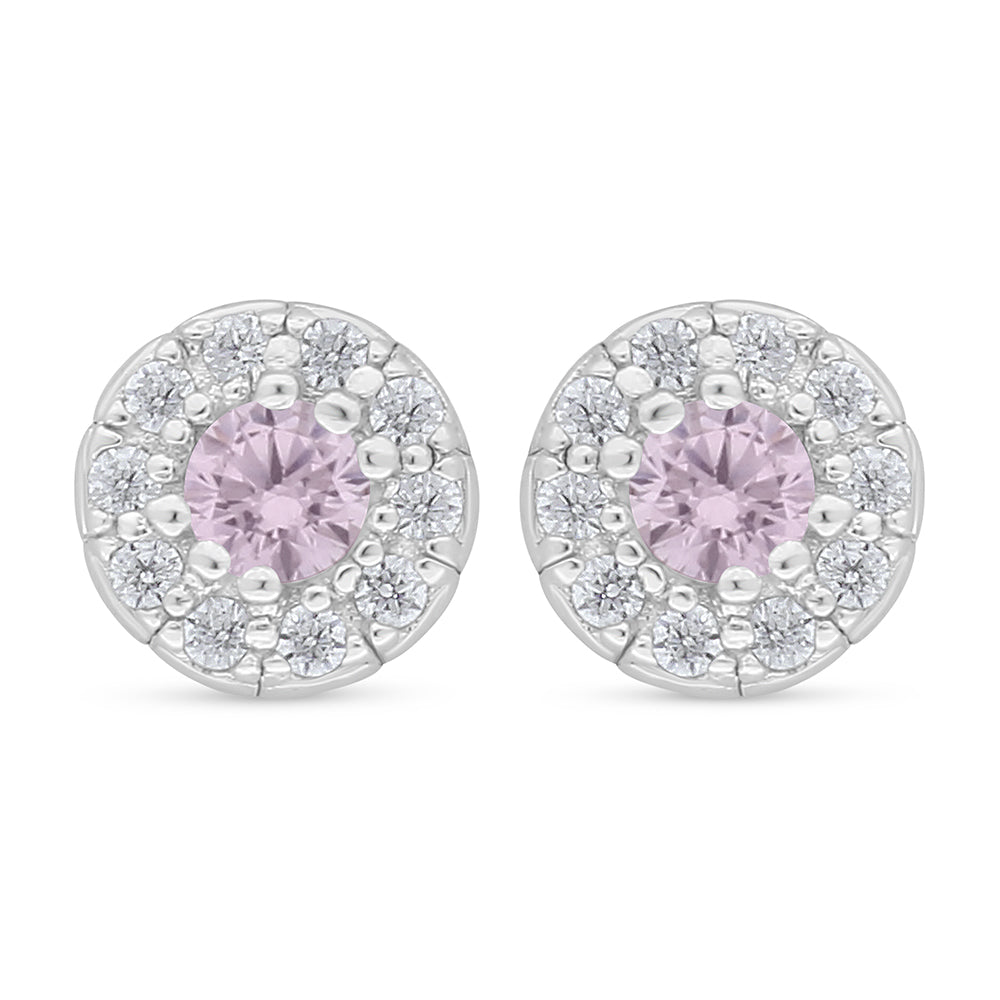 Sterling Silver 925 Earring Rhodium Plated Embedded With Pink Zircon And White Zircon