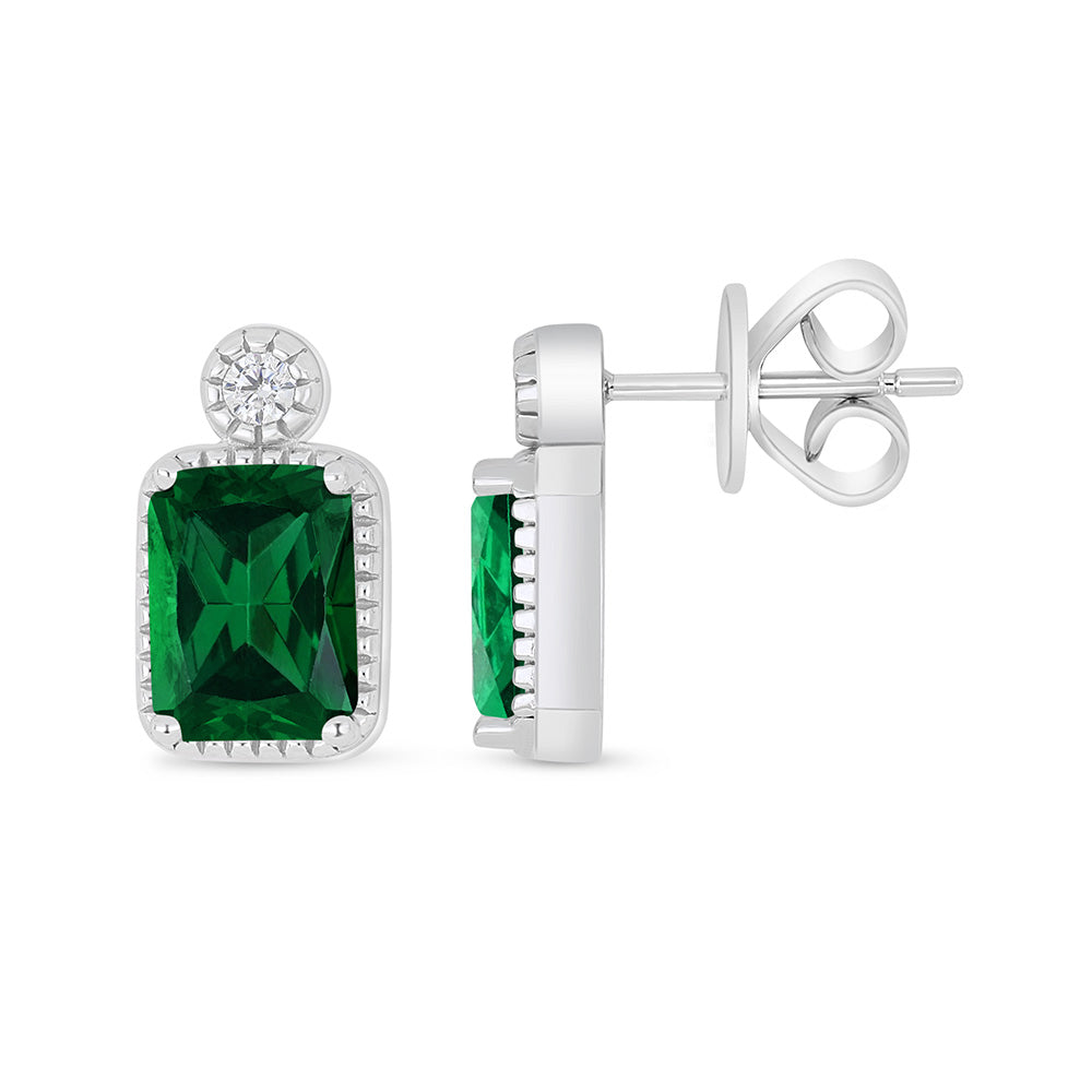 Sterling Silver 925 Earring Rhodium Plated Embedded With Emerald Zircon And White Zircon