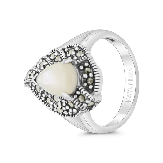Sterling Silver 925 Ring Embedded With Natural White Shell And Marcasite Stones