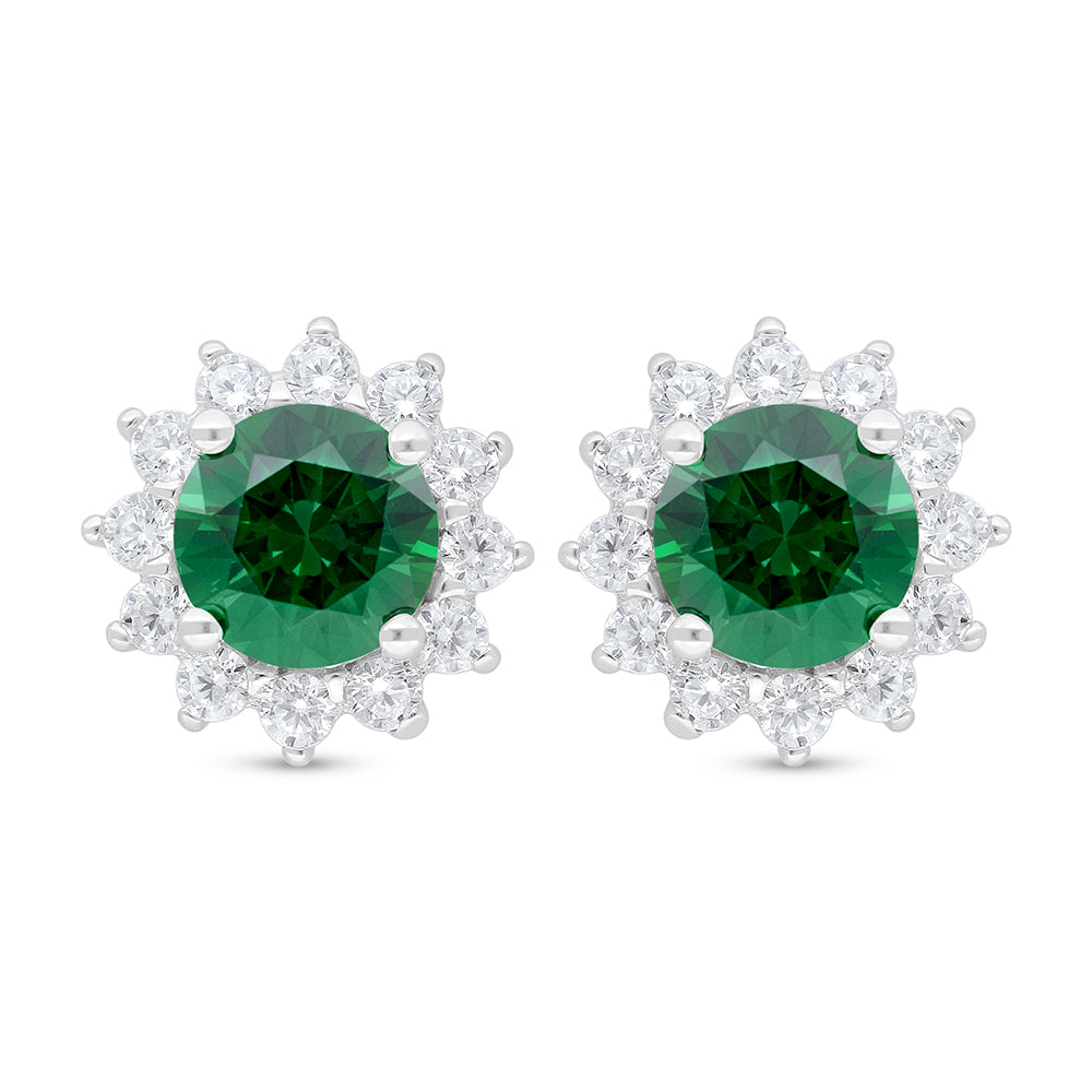 Sterling Silver 925 Earring Rhodium Plated Embedded With Emerald Zircon And White Zircon