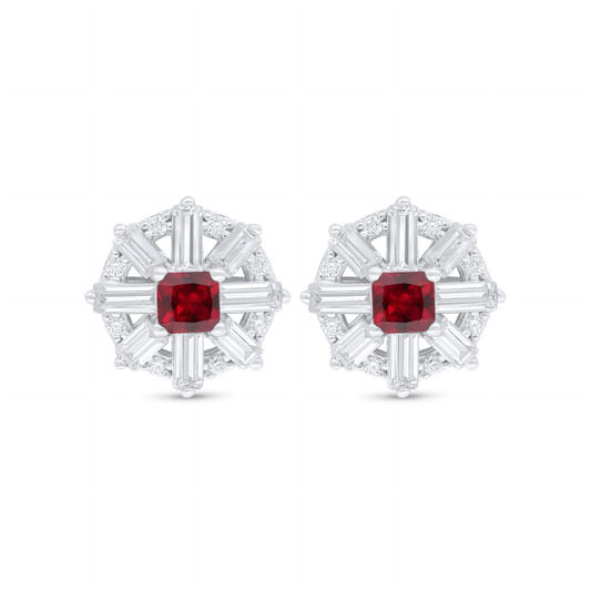 Sterling Silver 925 Earring Rhodium Plated Embedded With Ruby Corundum And White Zircon