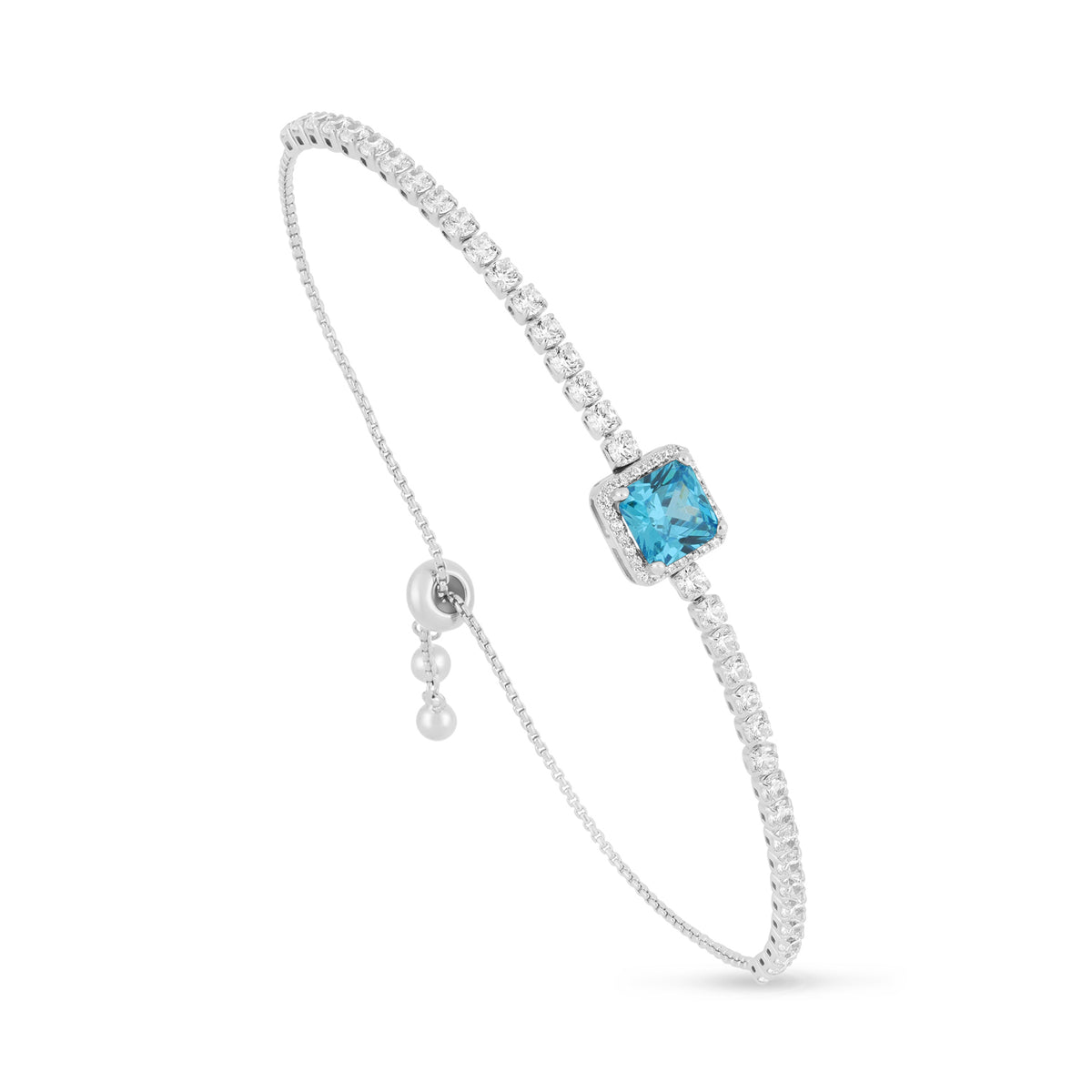 Sterling Silver 925 Bracelet Rhodium Plated Embedded With Aqua Zircon Color And White Zircon