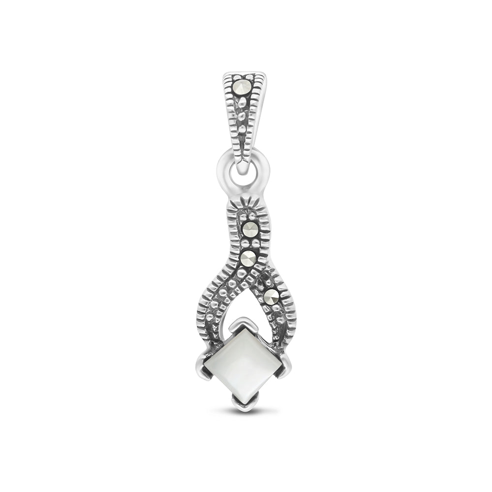 Sterling Silver 925 Pendant Embedded With Natural White Shell And Marcasite Stones