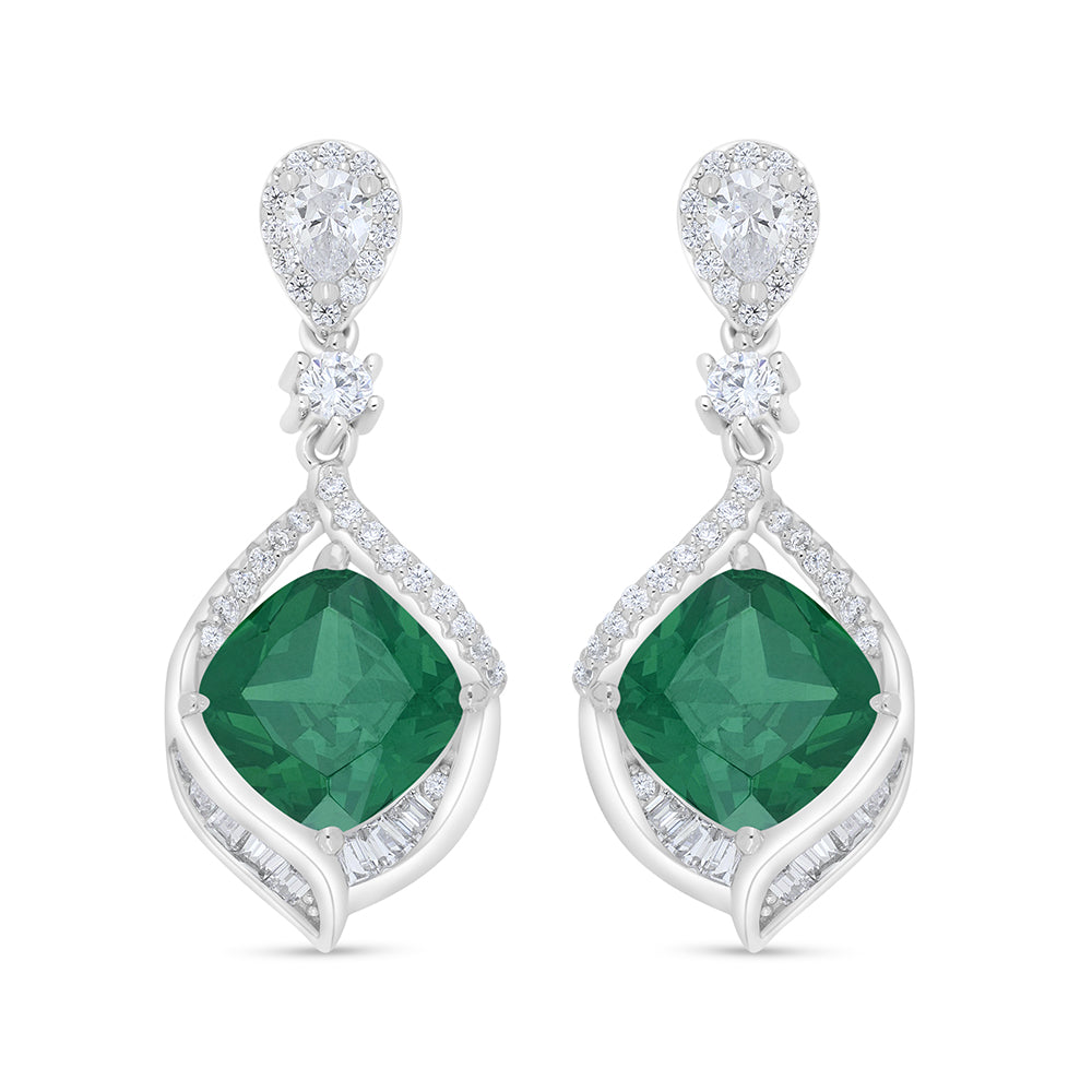 Sterling Silver 925 Earring Rhodium Plated Embedded With Emerald Zircon And White Zircon