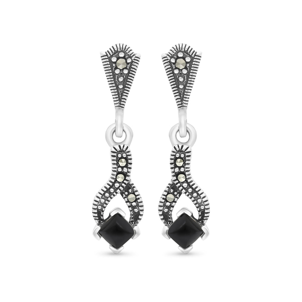 Sterling Silver 925 Earring Embedded With Natural Black Agate And Marcasite Stones