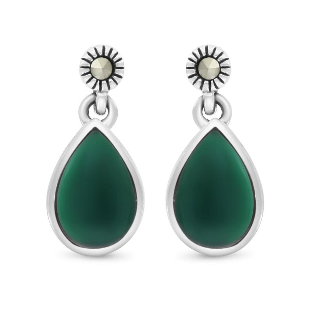 Sterling Silver 925 Earring Embedded With Natural Green Agate And Marcasite Stones