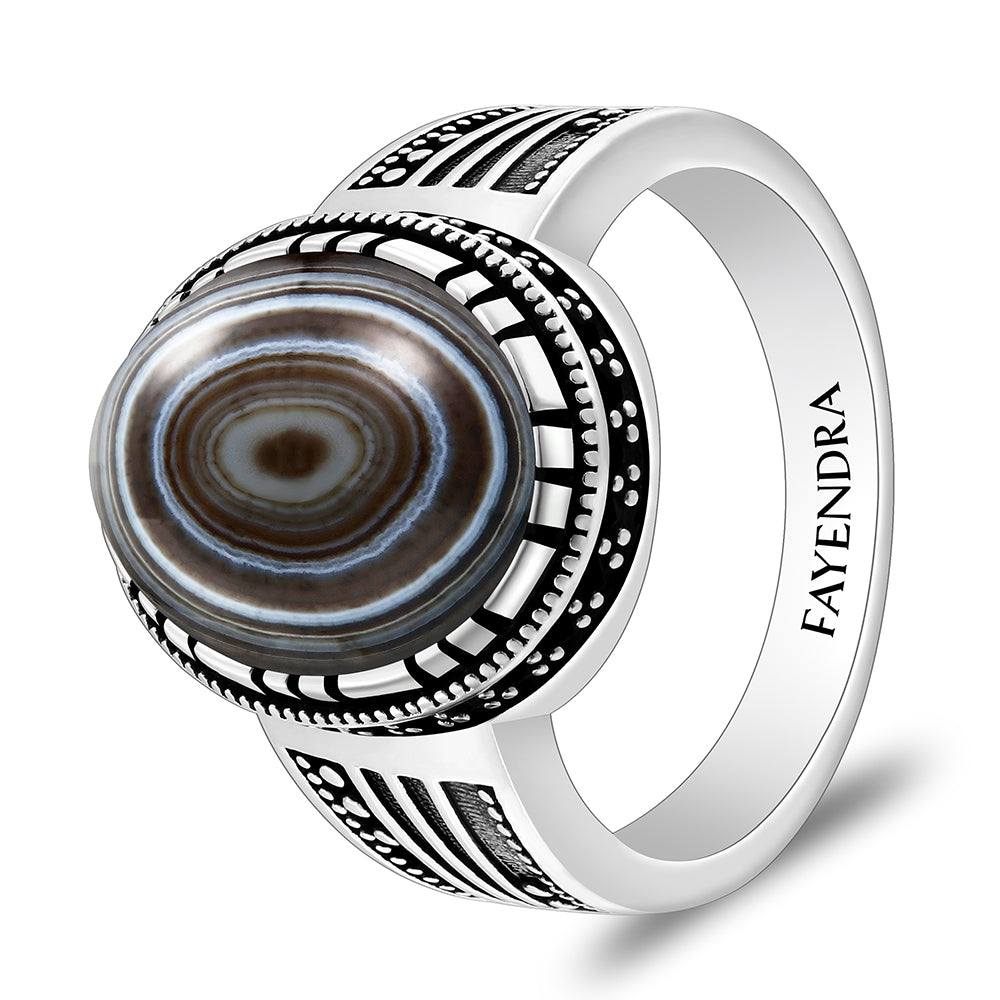 خاتم رجالي من الفضة الخالصة عيار 925 مطلي روديوم و اسود مرصع احجار عقيق سليماني كابشون