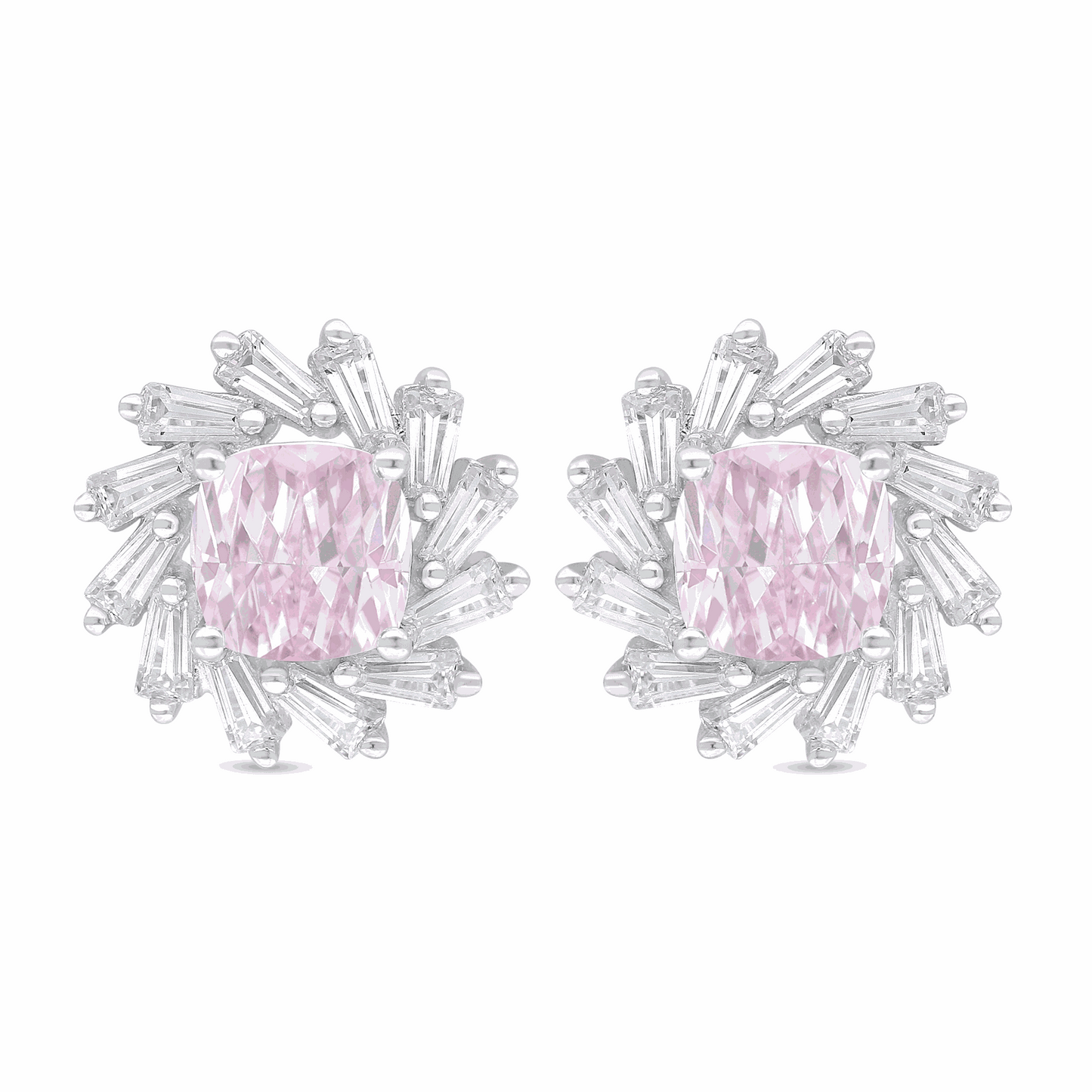 Sterling Silver 925 Earring Rhodium Plated Embedded With Pink Zircon And White Zircon