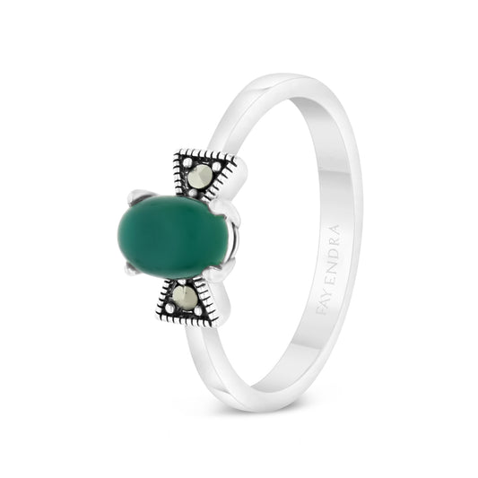 Sterling Silver 925 Ring Embedded With Natural Green Agate And Marcasite Stones