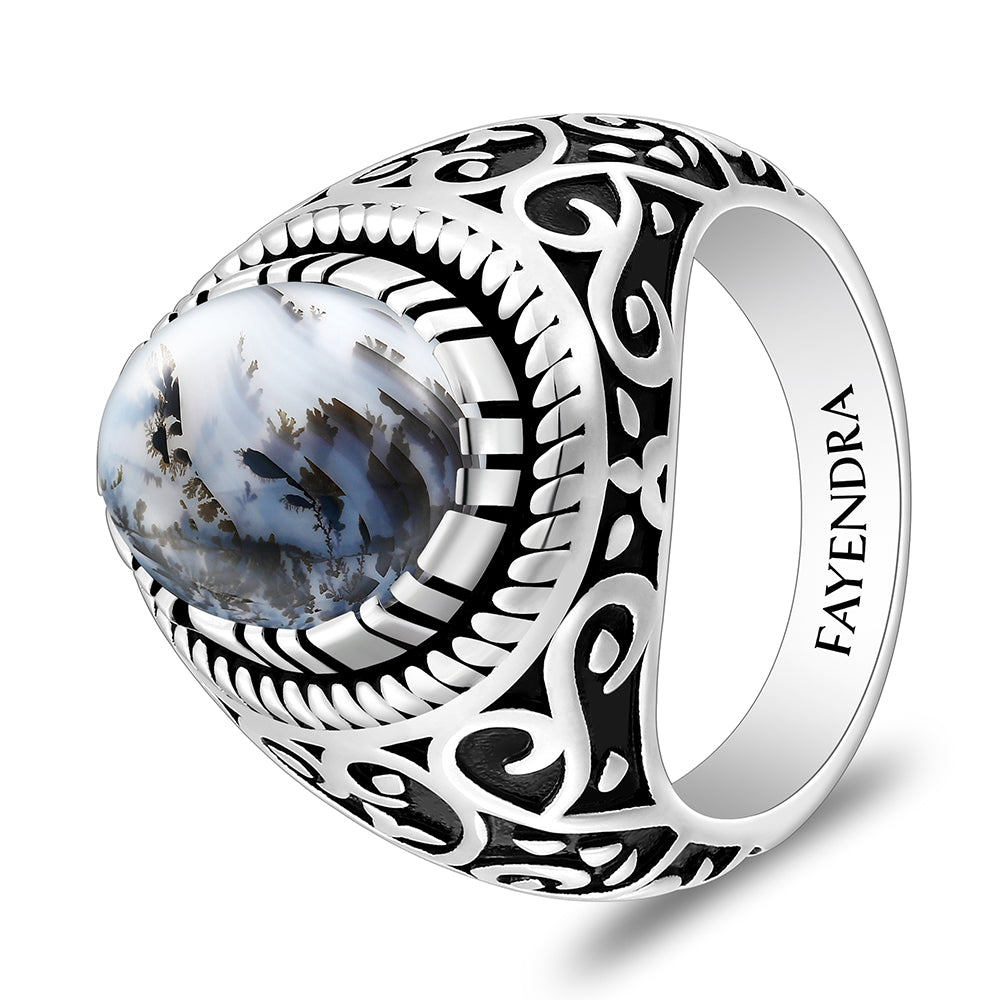 خاتم رجالي من الفضة الخالصة عيار 925 مطلي روديوم و اسود مرصع احجار عقيق مشجر طبيعي كابشون