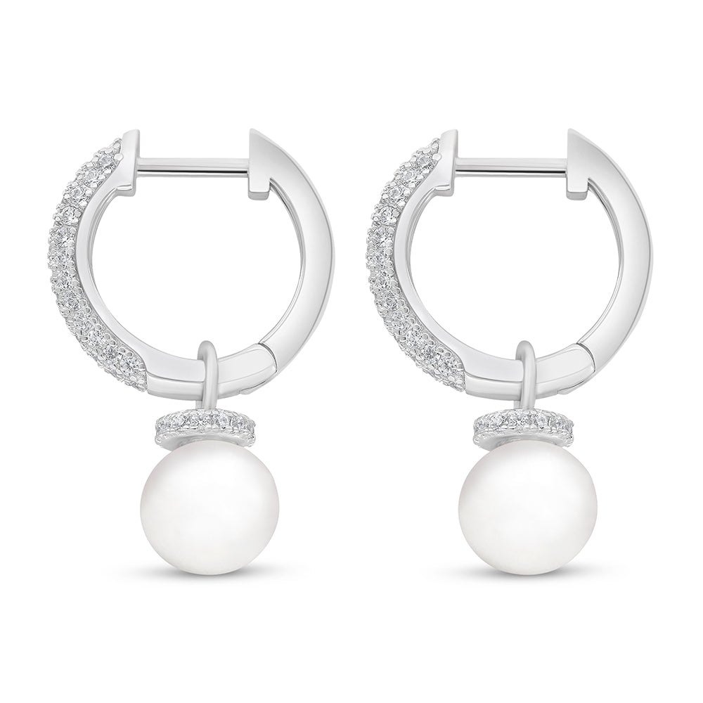 Sterling Silver 925 Earring Rhodium Plated Embedded With Natural White Pearl And White Zircon