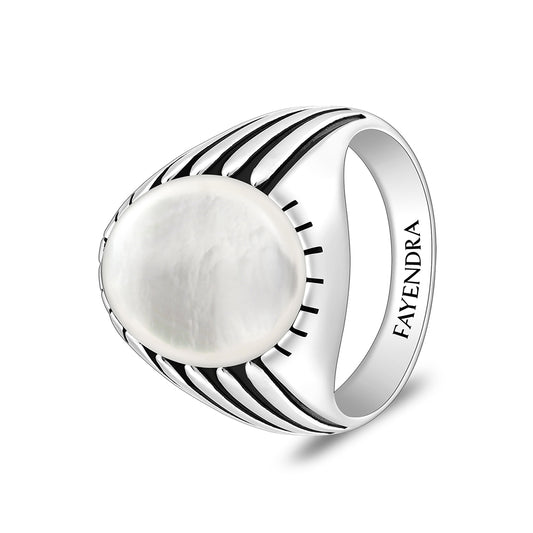 خاتم رجالي من الفضة الخالصة عيار 925 مطلي روديوم و اسود مرصع صدف ابيض كابشون