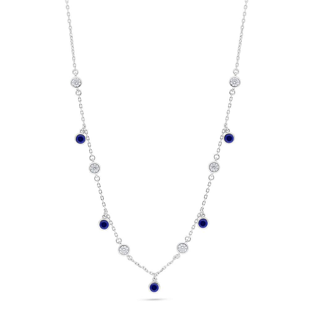 Sterling Silver 925 Necklace Rhodium Plated Embedded With Sapphire Corundum And White Zircon