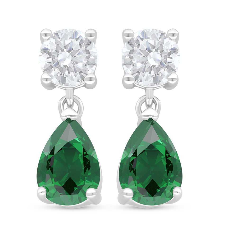 Sterling Silver 925 Earring Rhodium Plated Embedded With Emerald Zircon And White Zircon