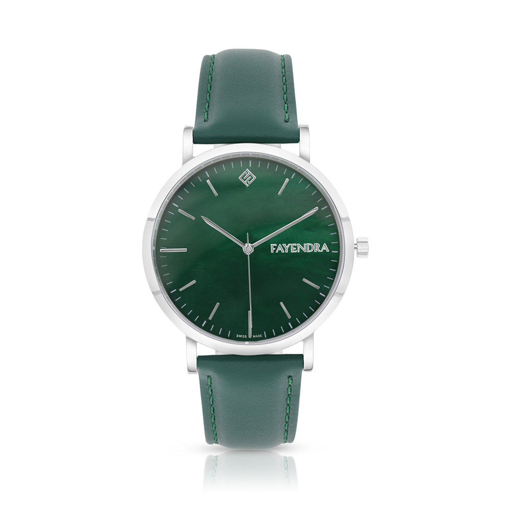 Stainless Steel 316 Watch Silver Color Embedded With Green Leather For Men - GREEN MOP DIAL