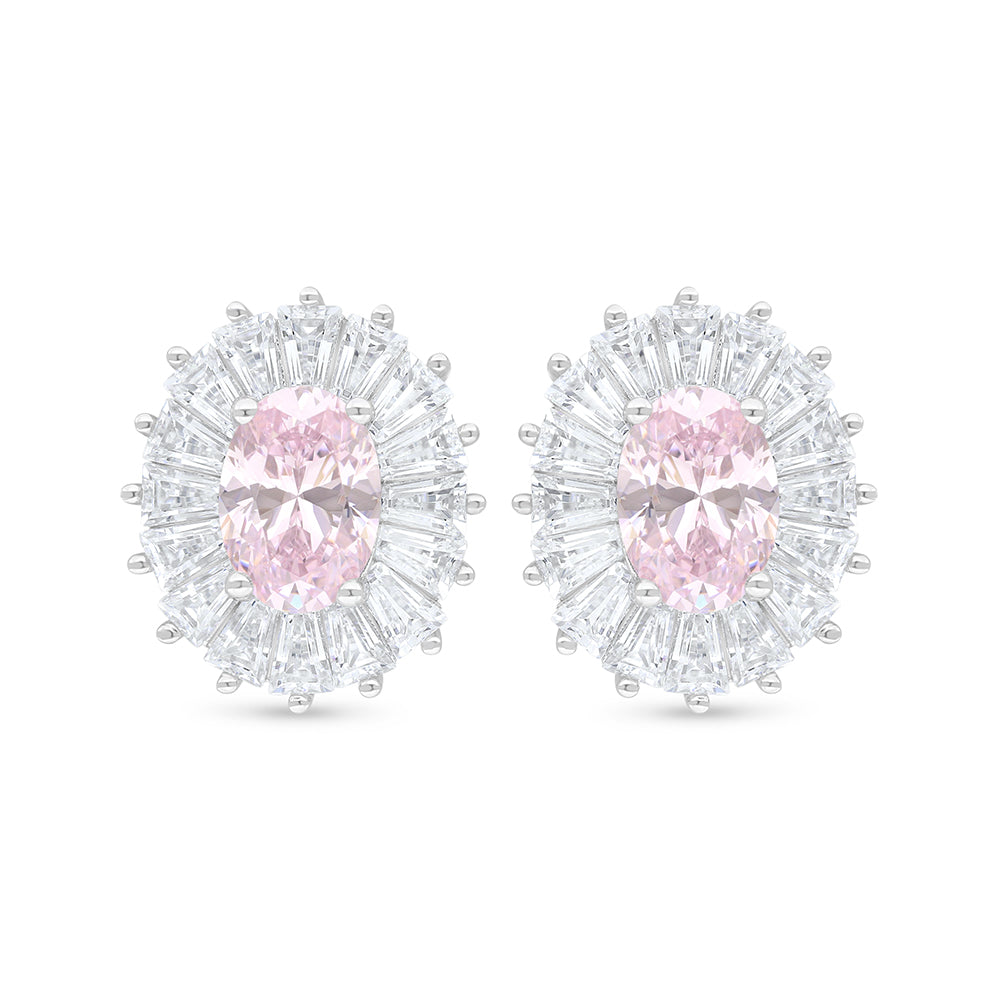 Sterling Silver 925 Earring Rhodium Plated Embedded With Pink Zircon And White Zircon