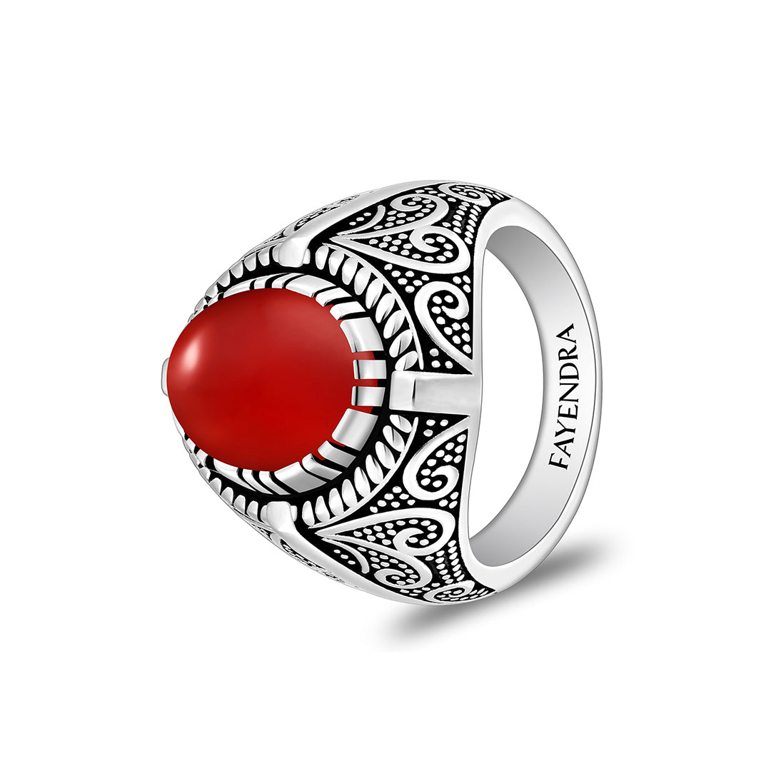 خاتم رجالي من الفضة الخالصة عيار 925 مطلي روديوم و اسود مرصع احجار عقيق احمر كابشون