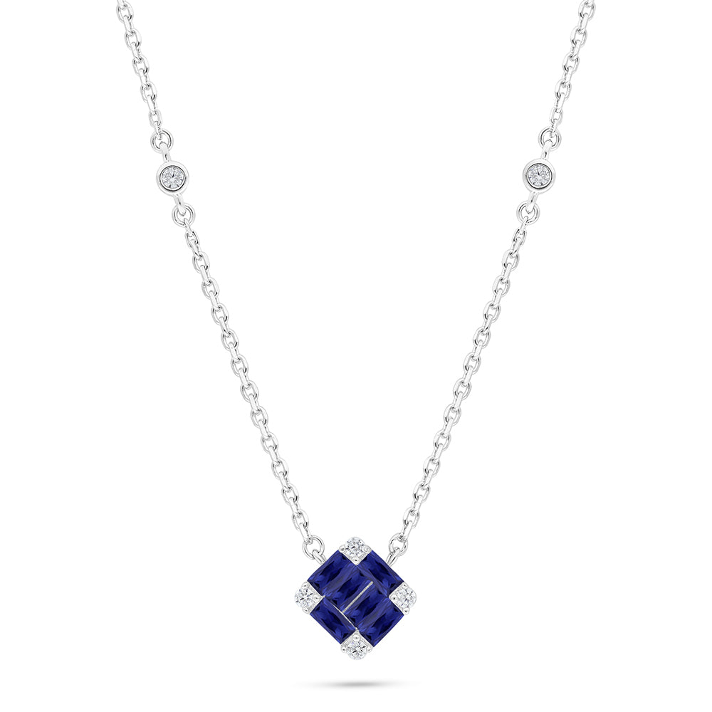 Sterling Silver 925 Necklace Rhodium Plated Embedded With Sapphire Corundum And White Zircon