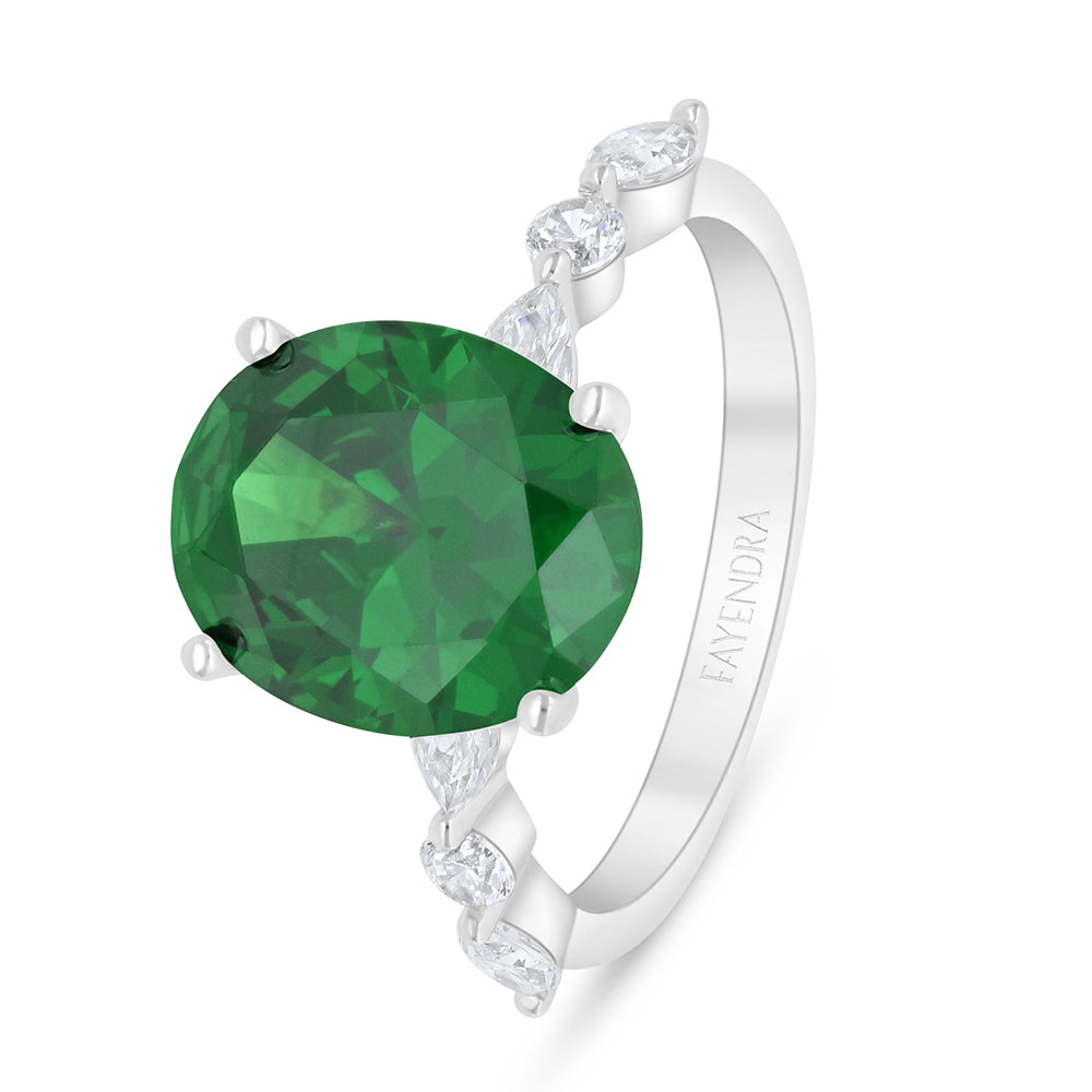 Sterling Silver 925 Ring Rhodium Plated Embedded With Emerald Zircon And White Zircon
