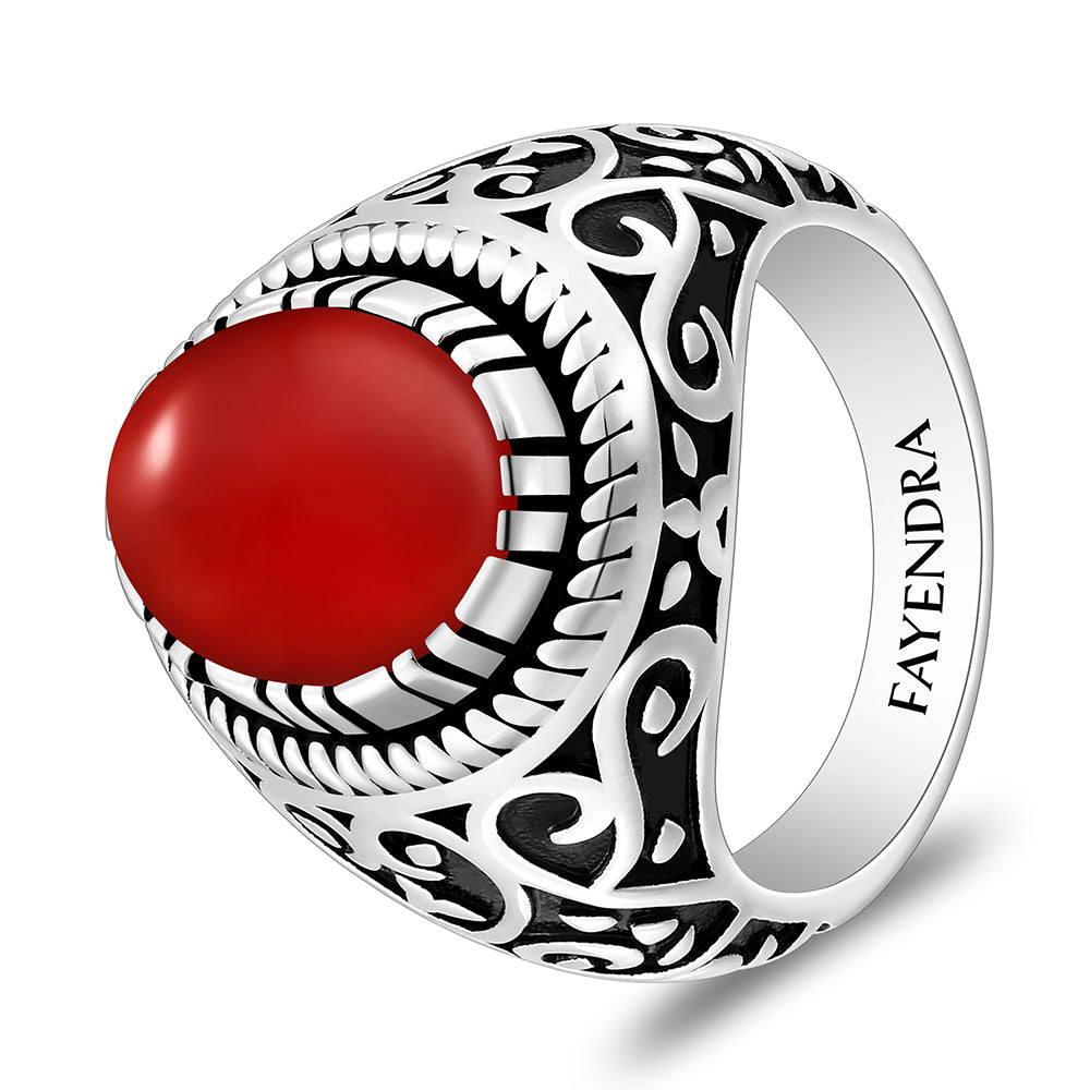 خاتم رجالي من الفضة الخالصة عيار 925 مطلي روديوم و اسود مرصع احجار عقيق احمر كابشون