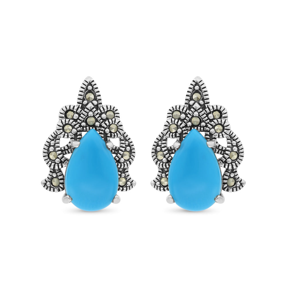 Sterling Silver 925 Earring Embedded With Natural Processed Turquoise And Marcasite Stones