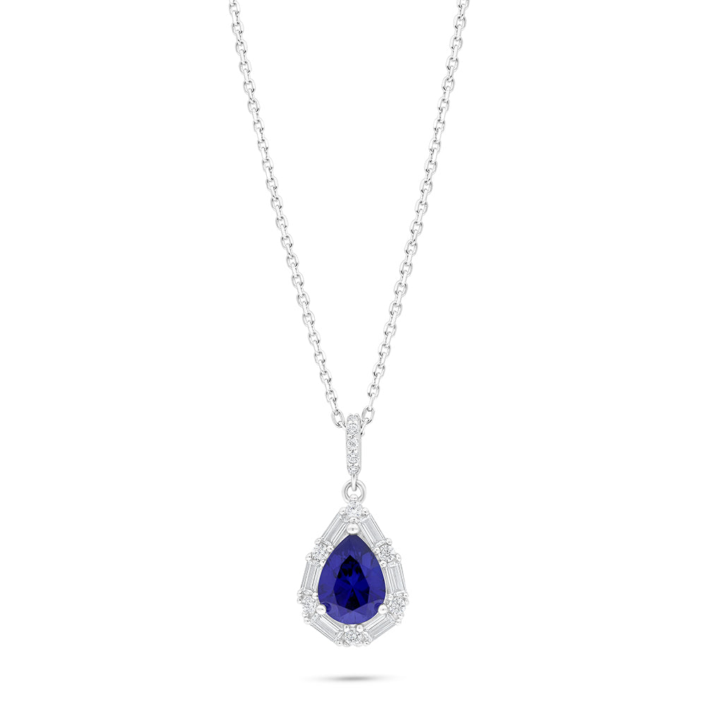 Sterling Silver 925 Necklace Rhodium Plated Embedded With Sapphire Corundum And White Zircon