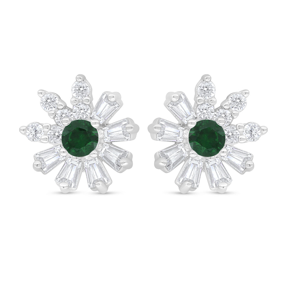 Sterling Silver 925 Earring Rhodium Plated Embedded With Emerald Zircon And White Zircon