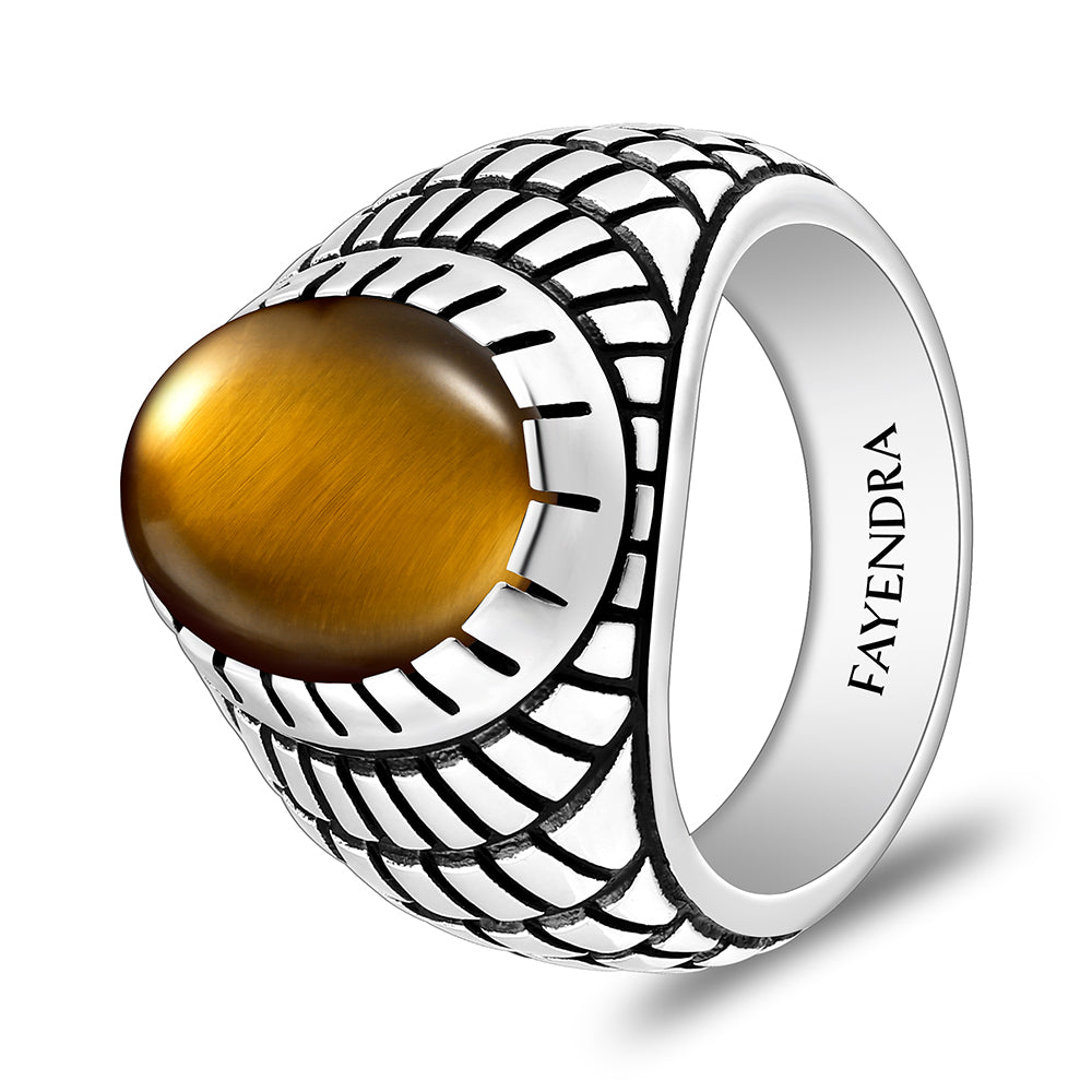 خاتم رجالي من الفضة الخالصة عيار 925 مطلي روديوم و اسود مرصع احجار عين النمر اصفر كابشون