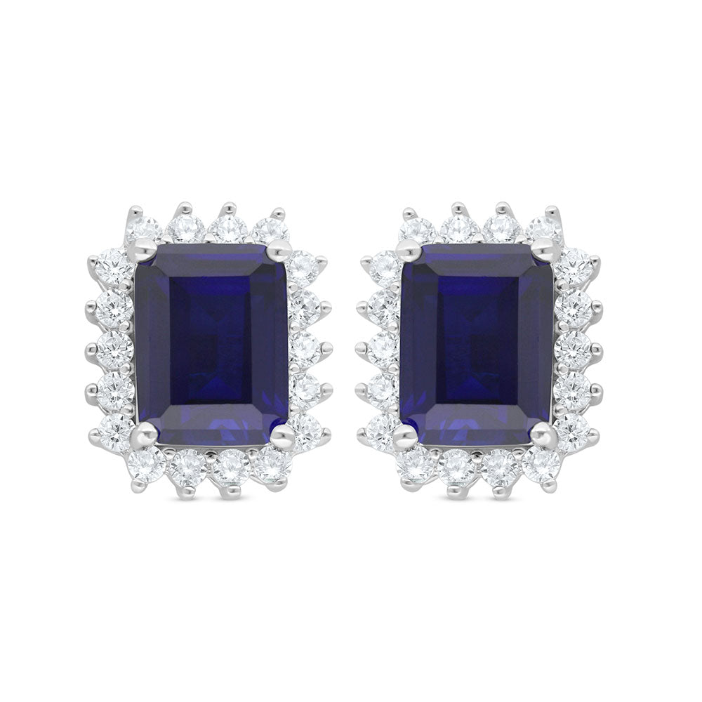 Sterling Silver 925 Earring Rhodium Plated Embedded With Sapphire Corundum And White Zircon