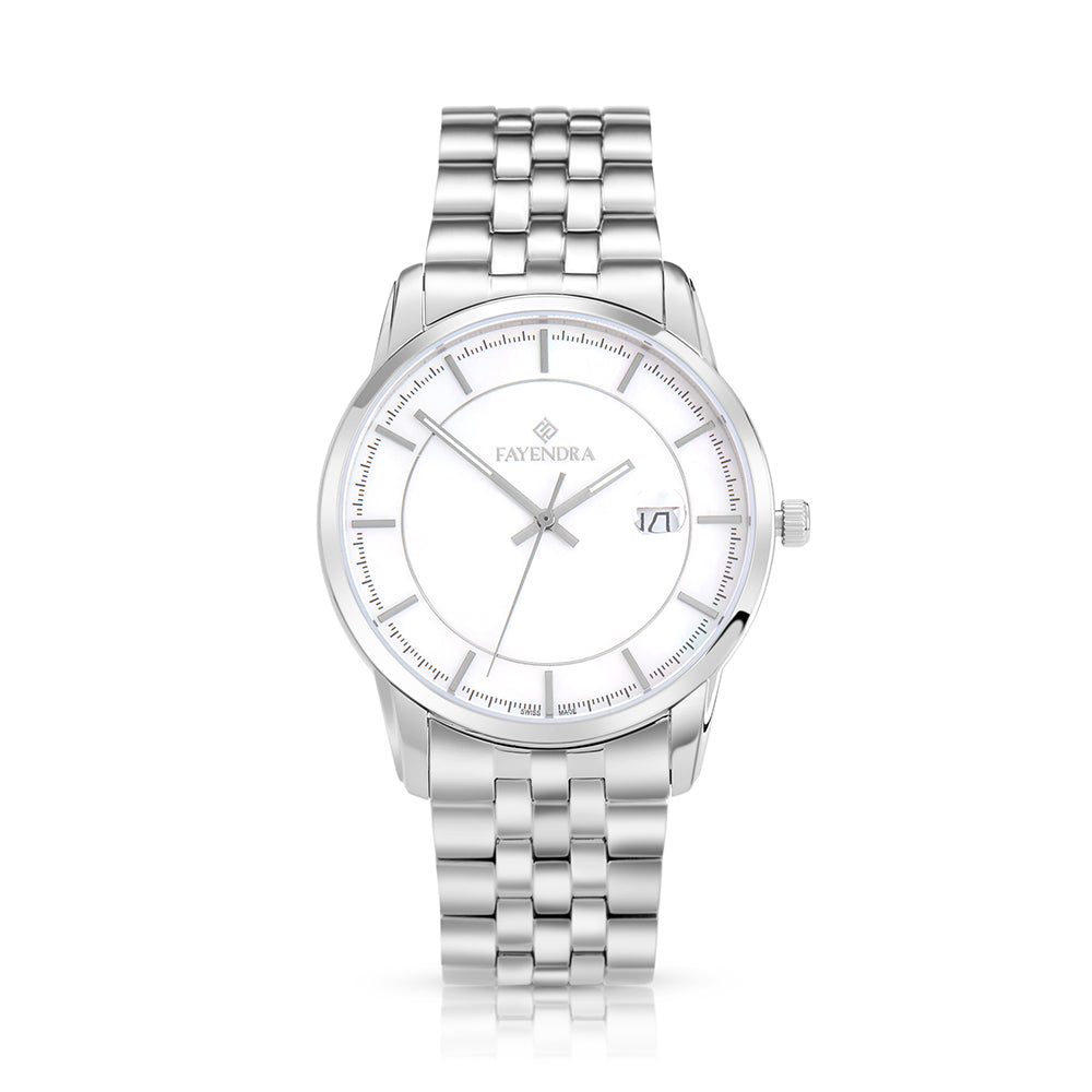 ساعة رجالي ستانلس ستيل عيار L316 بلون فضي - مينا حجر صدف ام اللالئ الابيض