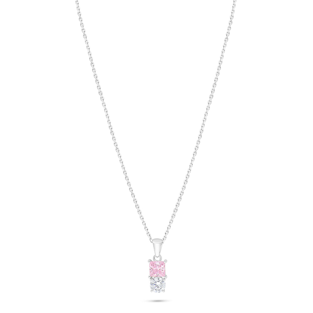 Sterling Silver 925 Necklace Rhodium Plated Embedded With Pink Zircon And White Zircon