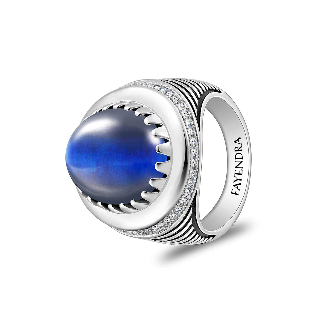 خاتم رجالي من الفضة الخالصة عيار 925 مطلي روديوم و اسود مرصع احجار عين النمر ازرق كابشون و فص ابيض