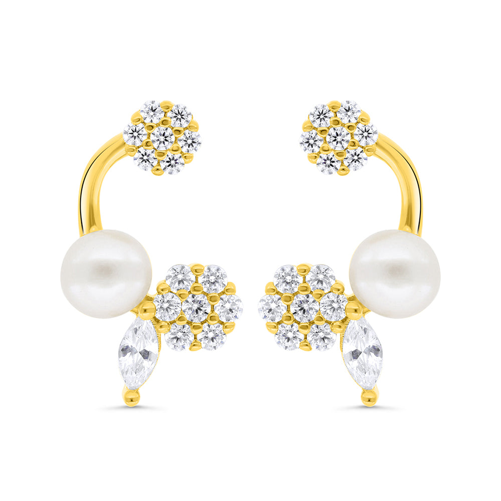 Sterling Silver 925 Earring Gold Plated Embedded With Natural White Pearl And White Zircon