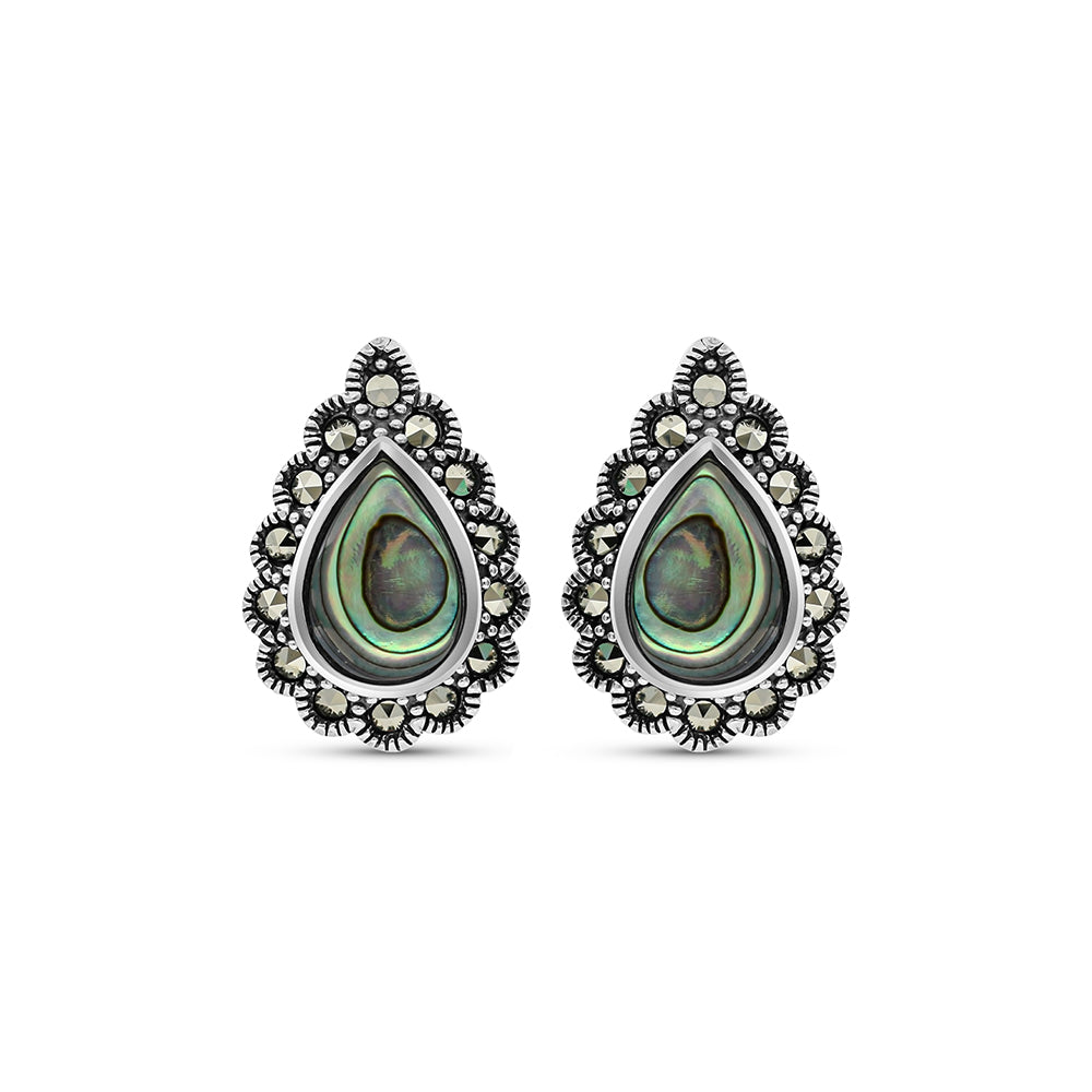 Sterling Silver 925 Earring Embedded With Natural Blue Shell And Marcasite Stones