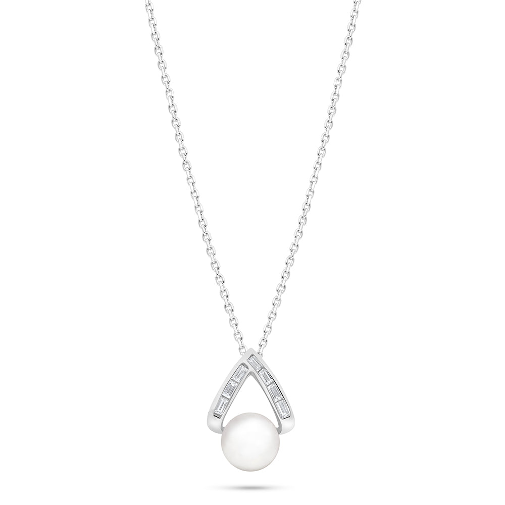 Sterling Silver 925 Necklace Rhodium Plated Embedded With Natural White Pearl And White Zircon