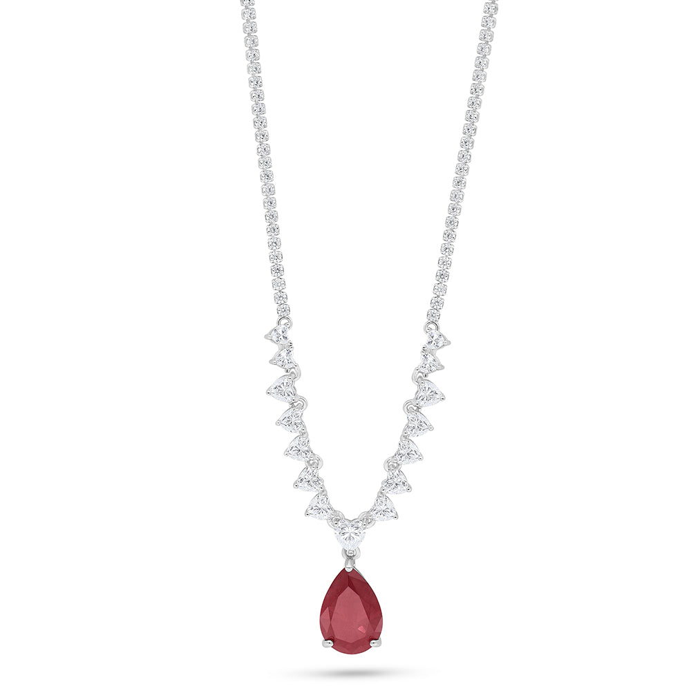 Sterling Silver 925 Necklace Rhodium Plated Embedded With Ruby Corundum And White Zircon