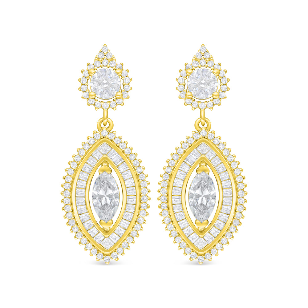 اقراط من الفضة الخالصة عيار 925 مطلية ذهبي مرصعة بالزركون الكناري الالماسي و فص ابيض