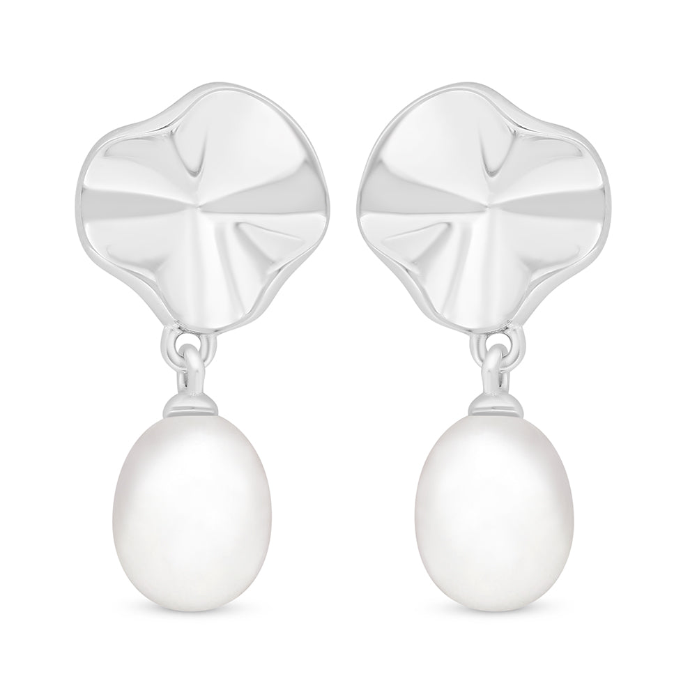 Sterling Silver 925 Earring Rhodium Plated Embedded With Natural White Pearl