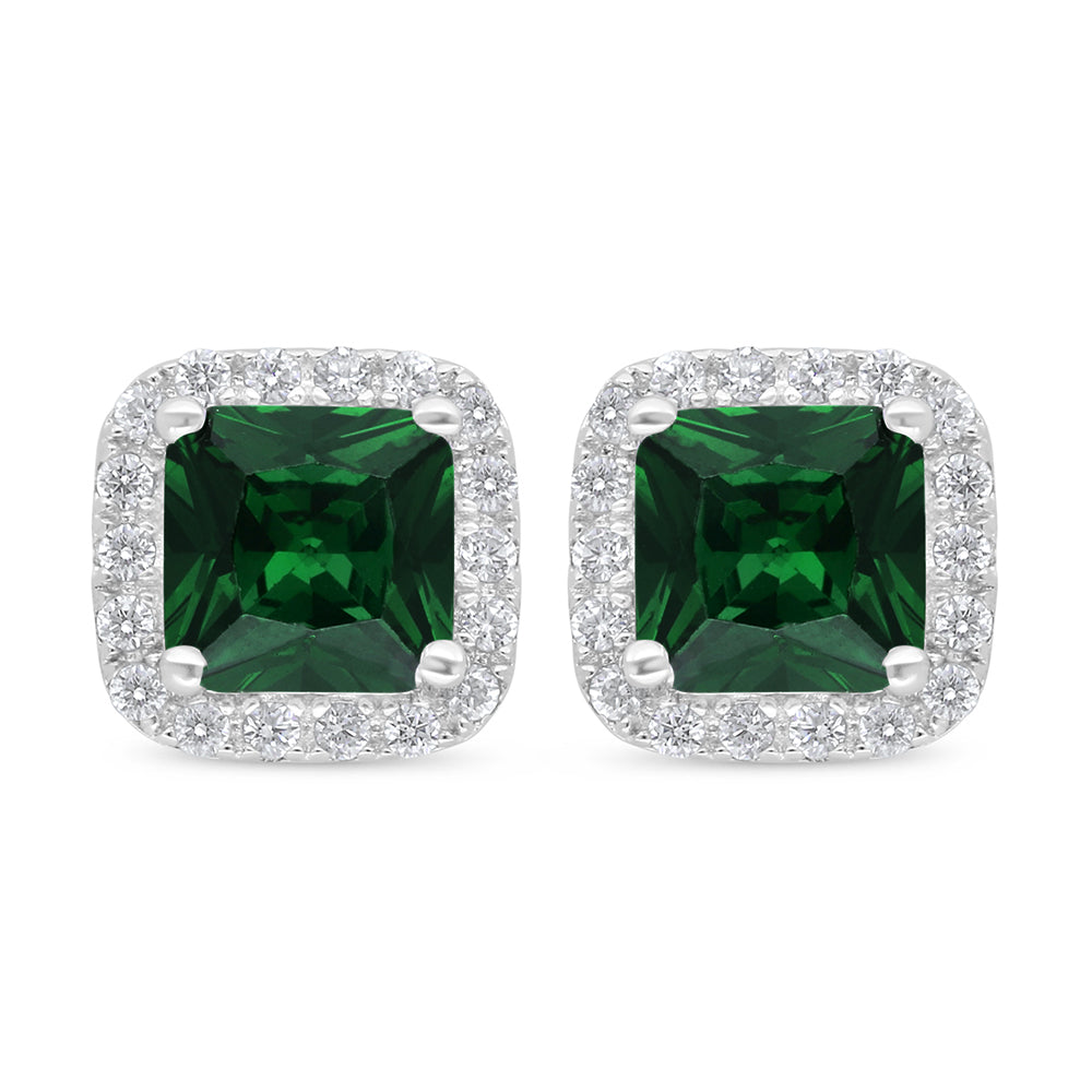 Sterling Silver 925 Earring Rhodium Plated Embedded With Emerald Zircon And White Zircon