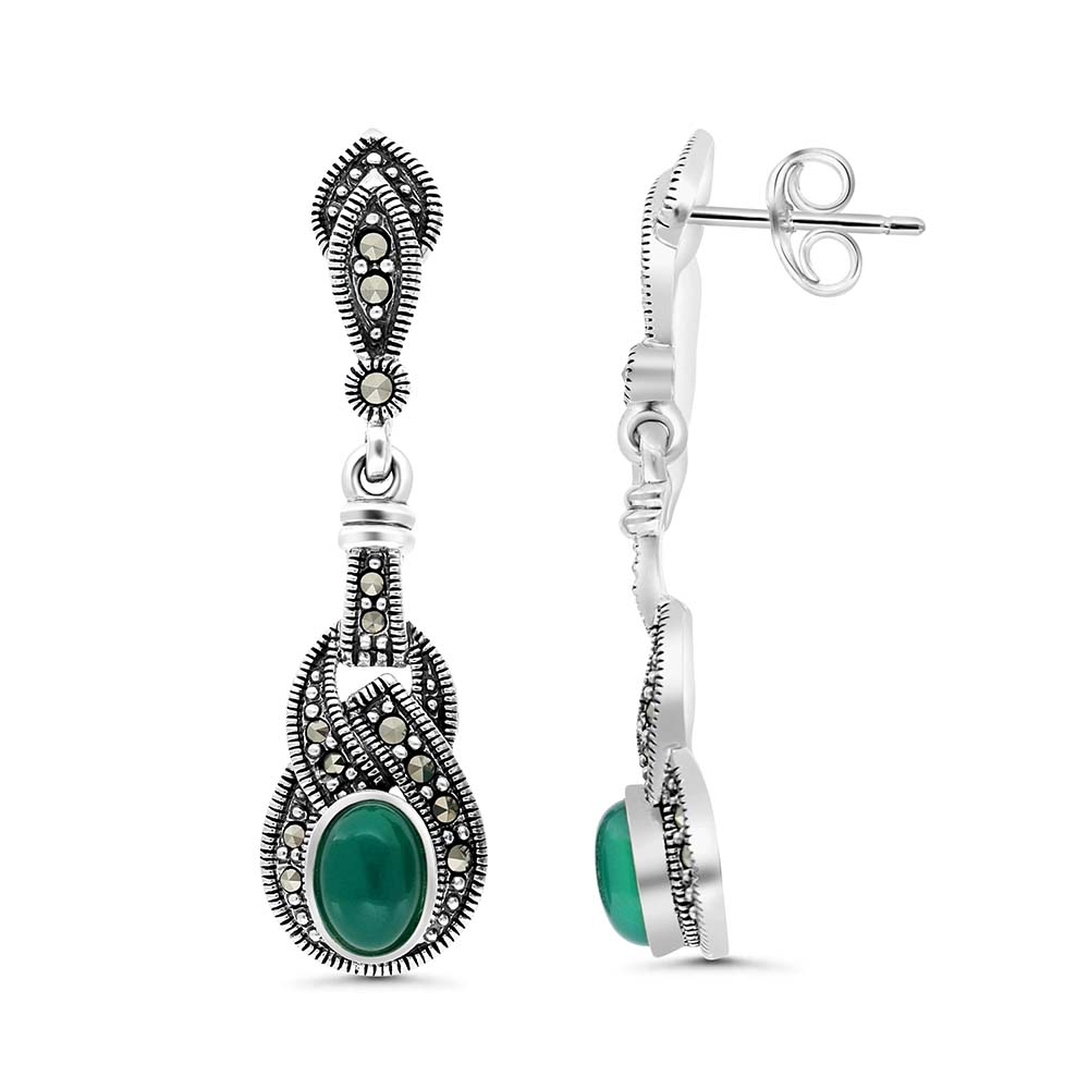 Sterling Silver 925 Earring Embedded With Natural Green Agate And Marcasite Stones