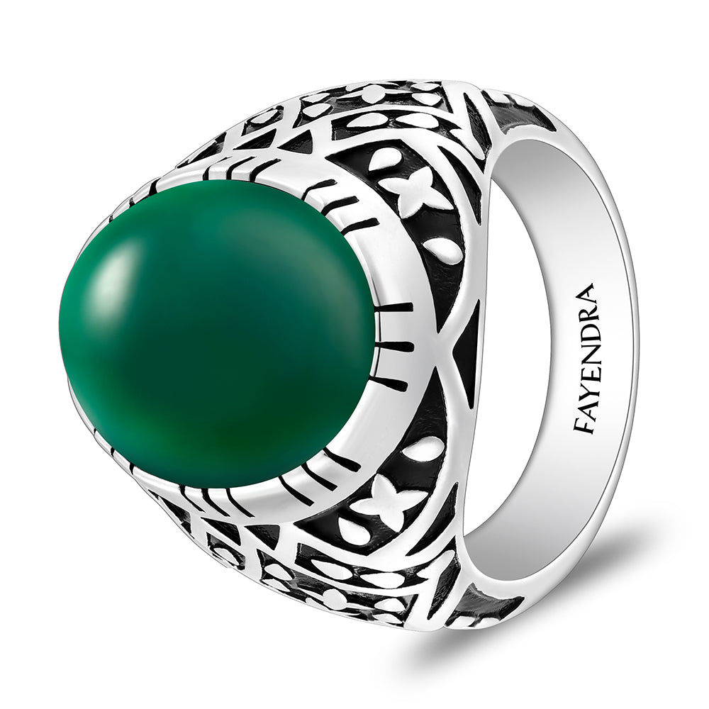 خاتم رجالي من الفضة الخالصة عيار 925 مطلي روديوم و اسود مرصع احجار عقيق جاد اخضر كابشون