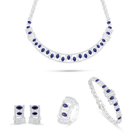 Sterling Silver 925 SET Rhodium Plated Embedded With Sapphire Corundum And White Zircon