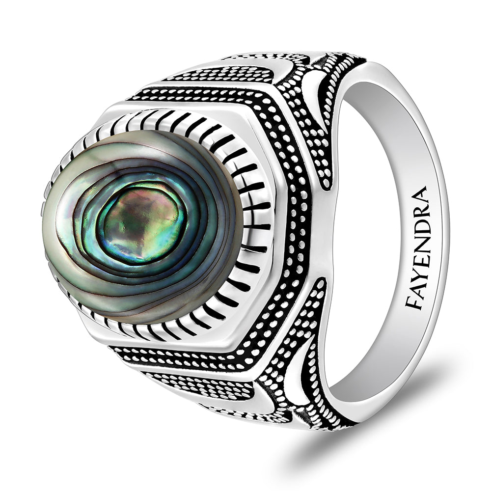 خاتم رجالي من الفضة الخالصة عيار 925 مطلي روديوم و اسود مرصع احجار صدف استرالي كابشون