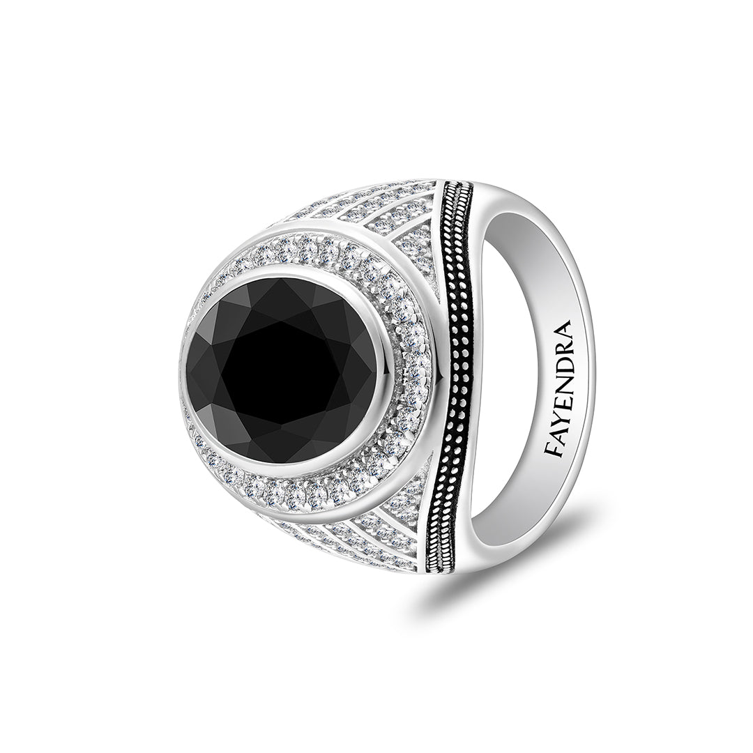 خاتم رجالي من الفضة الخالصة عيار 925 مطلي روديوم و اسود مرصع احجار اونكس سبينل و فص ابيض