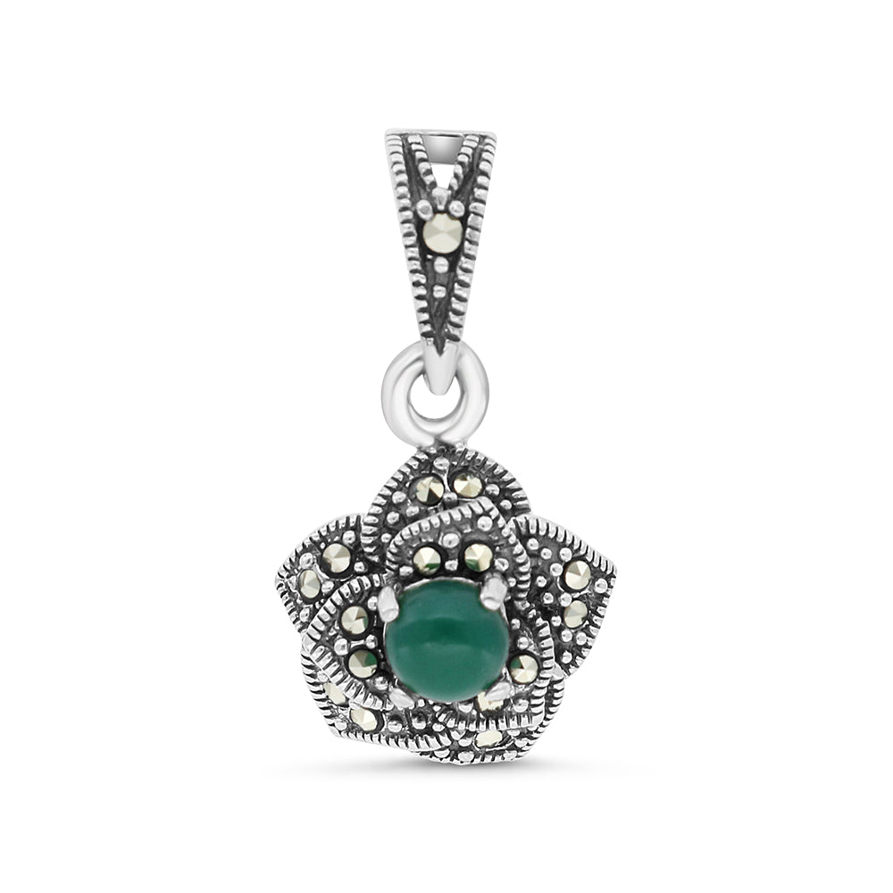 Sterling Silver 925 Pendant Embedded With Natural Green Agate And Marcasite Stones