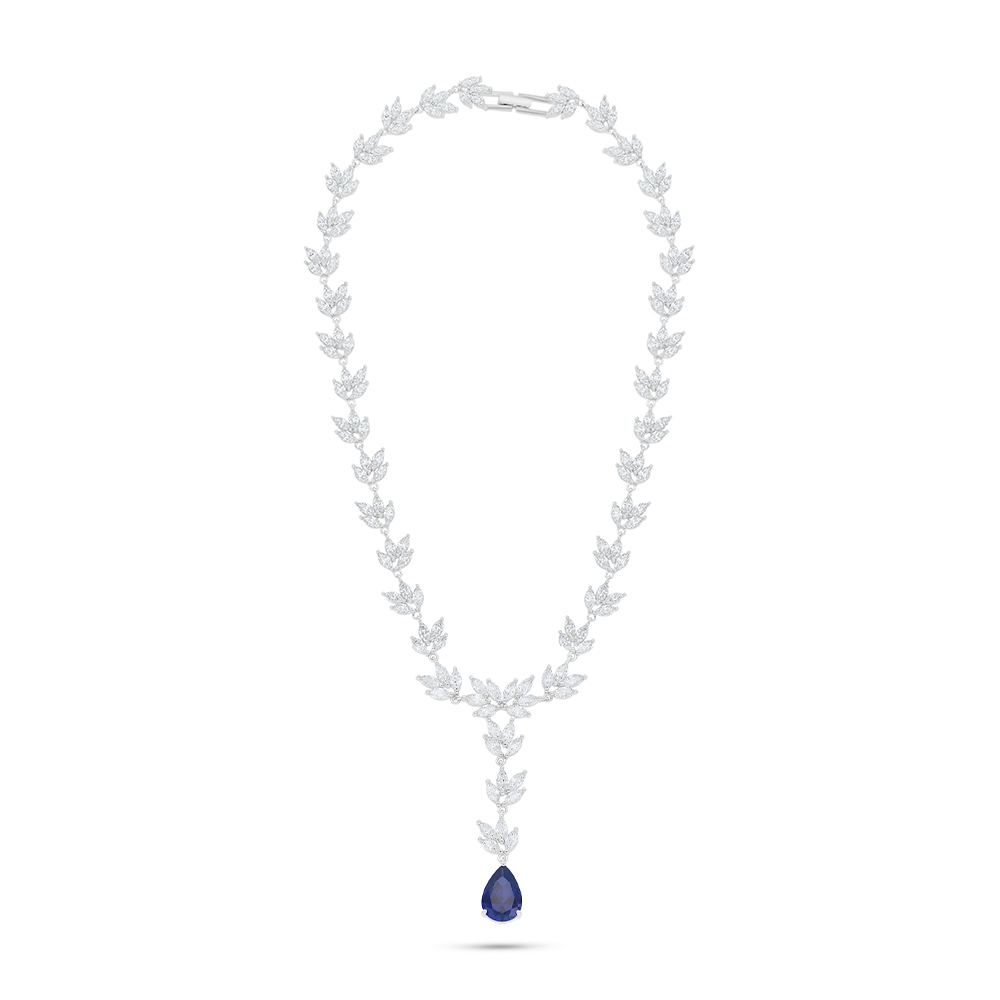 عقد من الفضة الخالصة عيار 925 مطلي روديوم مرصع زفير كروندوم و فص ابيض