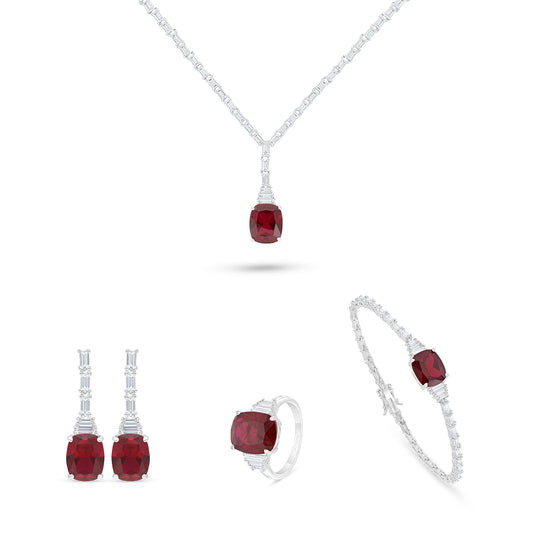 Sterling Silver 925 SET Rhodium Plated Embedded With Ruby Corundum And White Zircon